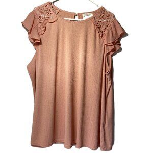 Flower & Feather Size 3XL Pink Crochet Lace & Ruffled Cap Sleeves